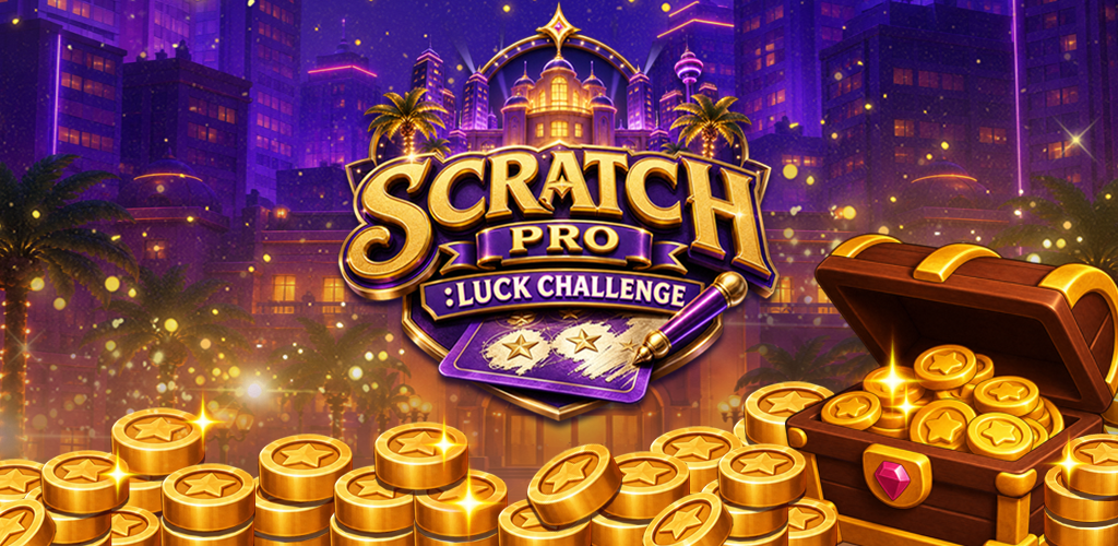 Scratch Pro: Luck Challenge — golden scratch cards and treasure against a sparkling purple city